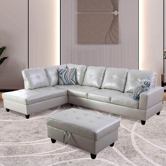 UOCFYK L-Shaped 3-Piece Semi PU Synthetic Leather Sofa with Storage Ottoman Set, Sectional Couch Sofa Set for Living Room, Office, Small Space, Grey