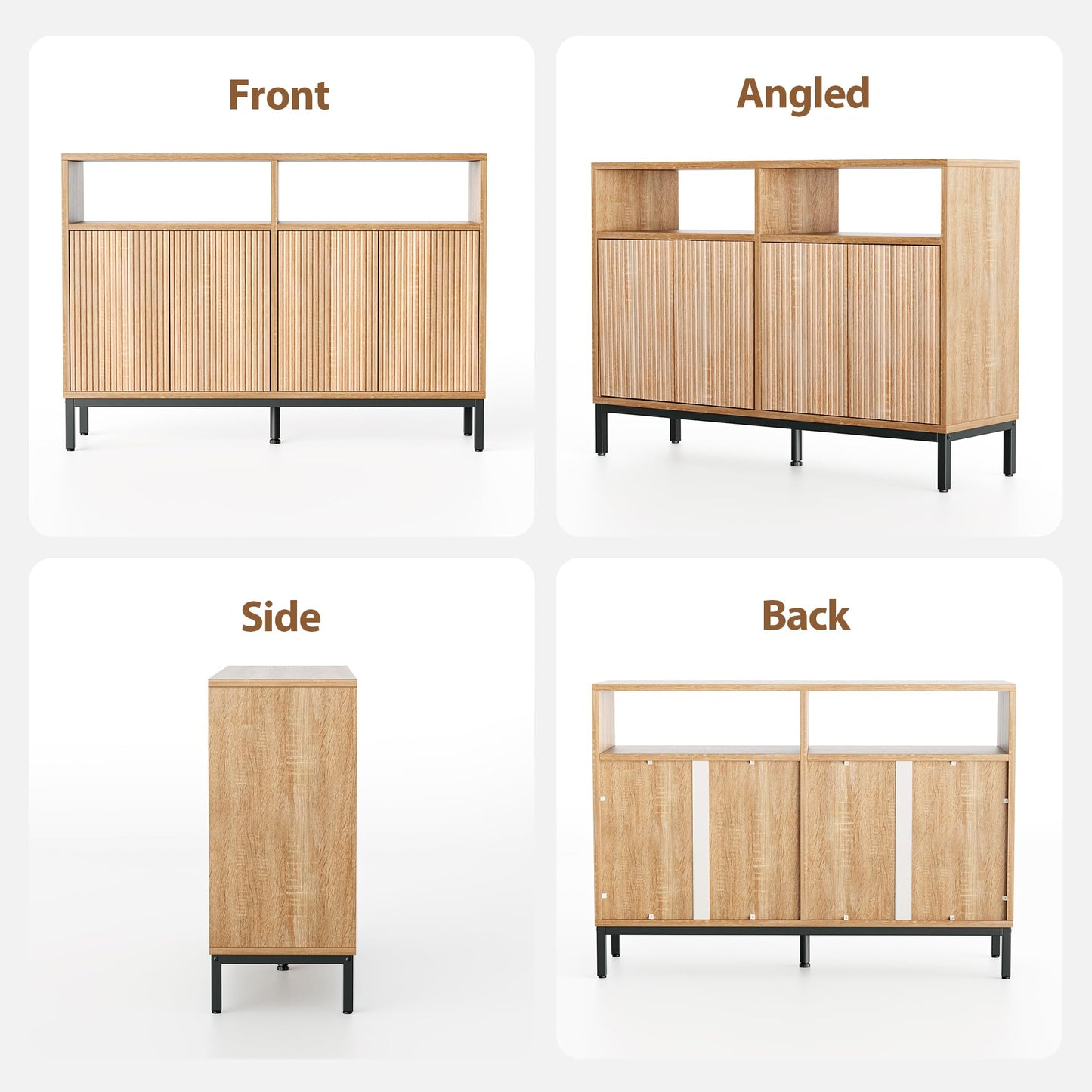 Mericonia Farmhouse Buffet Sideboard Cabinet with Storage, Fluted Coffee Bar with Doors and Adjustable Shelves, Modern Wood Console Cabinet for Kitchen, Livingroom (Fluted 4 Door, Natural)