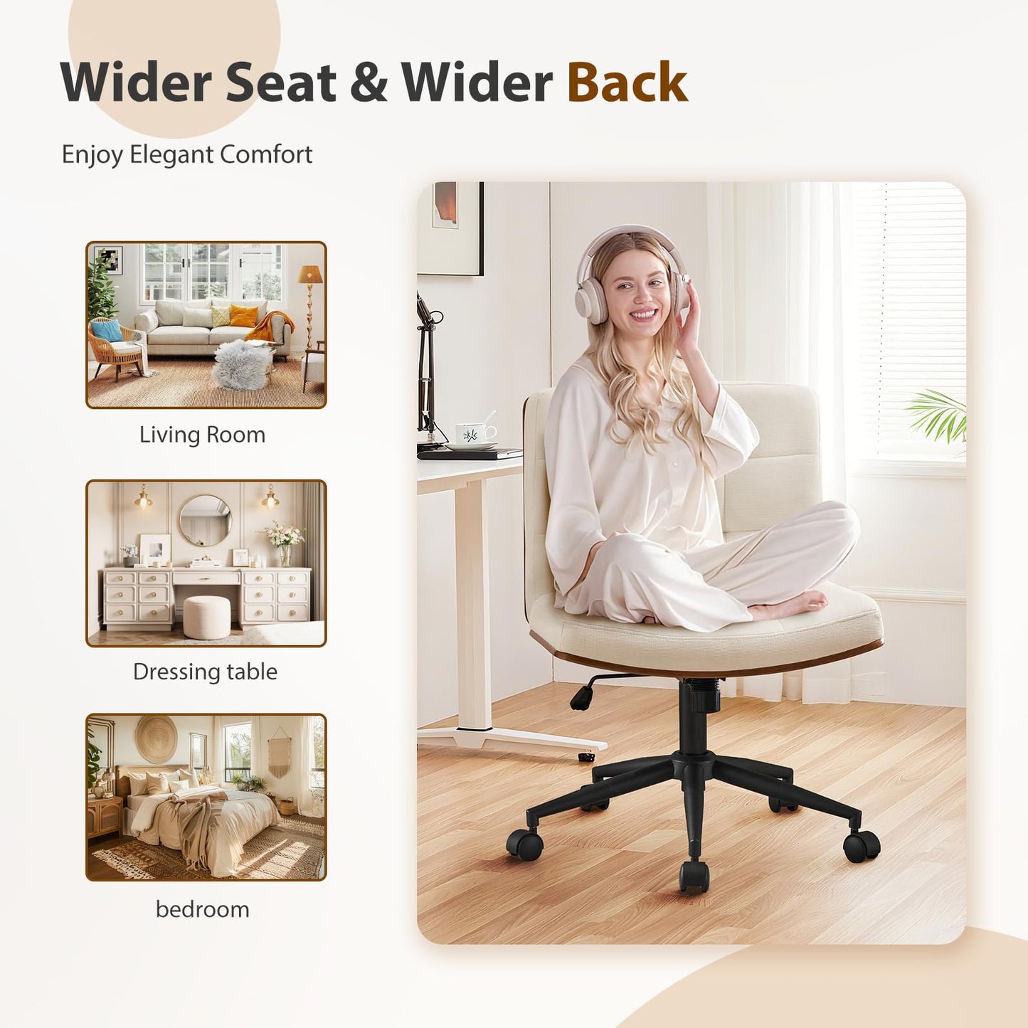 Furnimart Heavy-Duty FSC Wooden Wide Desk Chair, 360° Swivel Criss Cross Office Chair with Wheels, Comfy Cross Legged Sitting, Armless Rolling Chair for Bedroom, Office, Vanity (Linen Beige)