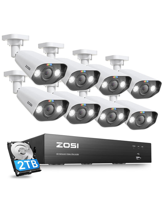 ZOSI 8CH 4K Spotlight PoE Security Camera System, 8pcs 8MP Outdoor Indoor Metal Cameras, Person/Vehicle Detection, 2 Way Audio, Color Night Vision, 8Channel NVR with 2TB HDD for Home 24/7 Recording