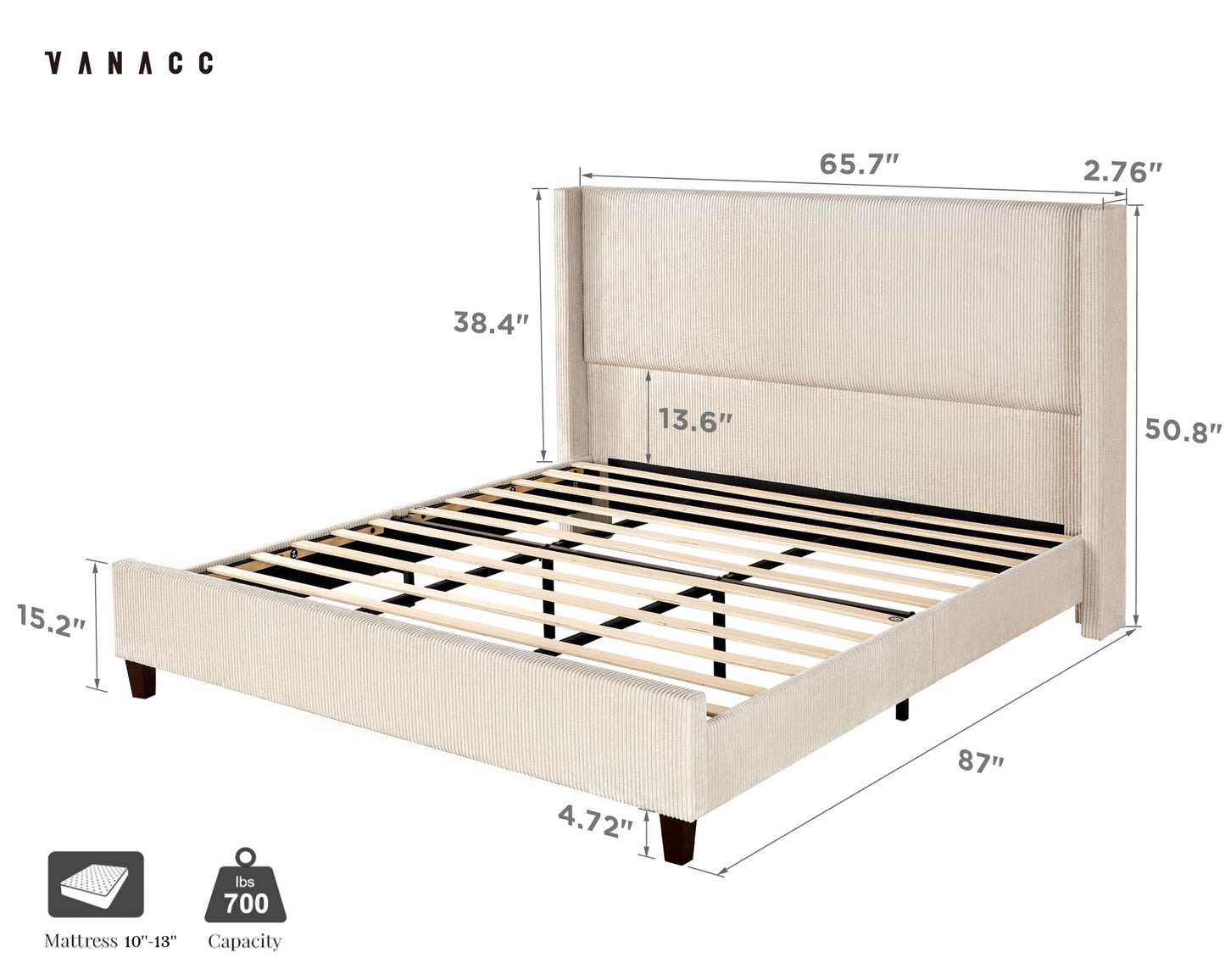 VanAcc Queen Size Platform Bed Frame, 50.8" Corduroy Upholstered Bed with Vertical Channel Tufted Headboard/Wooden Slats/Wingback/No Box Spring Required/Beige