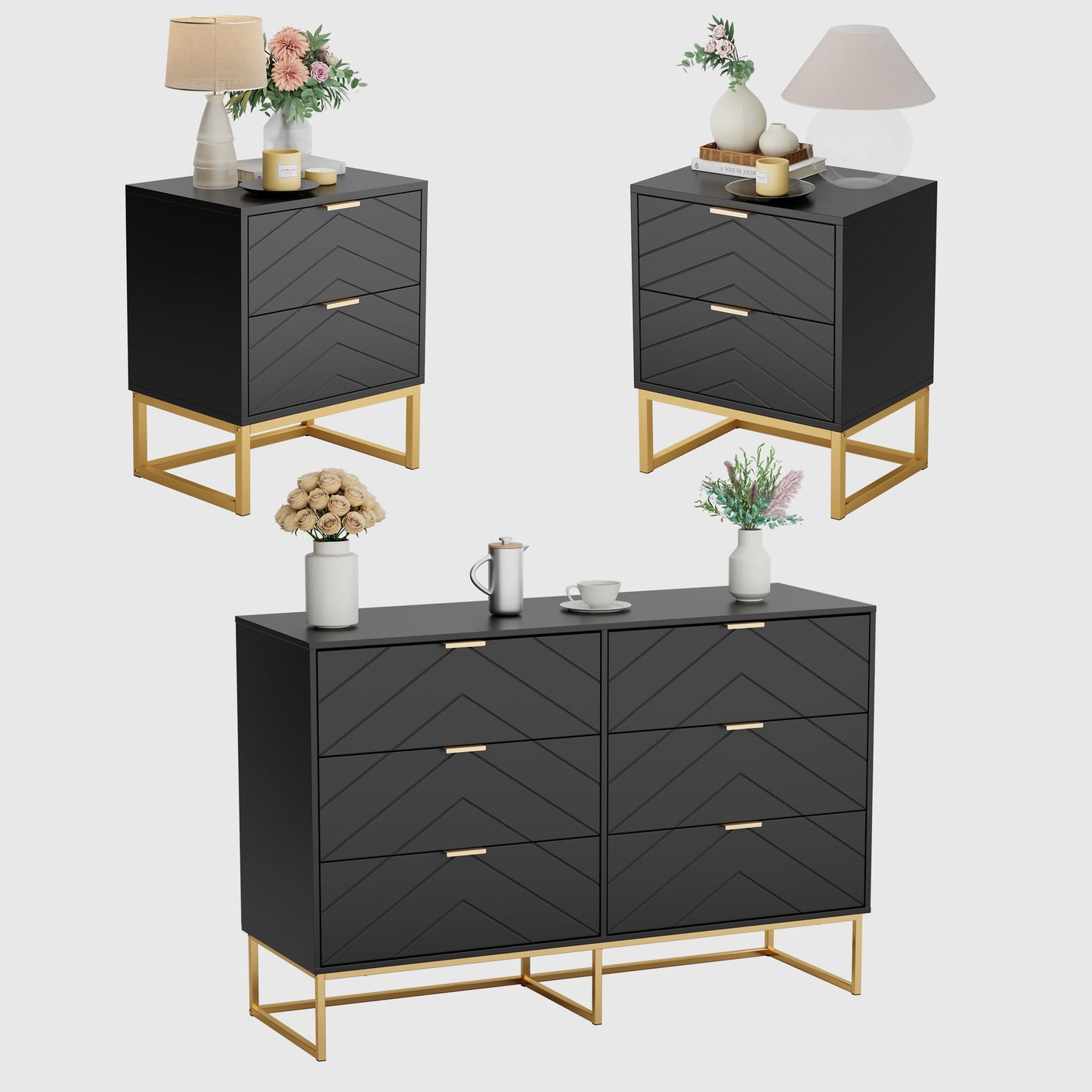 Anbuy Morden 3 Pieces Bedroom Sets, 6 Drawer Dresser and Nightstand Sets for Bedroom, Night Stand Set of 2 & 6 Drawer Dresser with Gold Handles, Morden Wood Chest of Drawers Storage Cabinet Set, Black