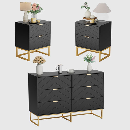 Anbuy Morden 3 Pieces Bedroom Sets, 6 Drawer Dresser and Nightstand Sets for Bedroom, Night Stand Set of 2 & 6 Drawer Dresser with Gold Handles, Morden Wood Chest of Drawers Storage Cabinet Set, Black