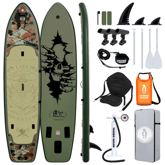 Tuxedo Sailor Large Size Inflatable Fishing 12'×34"×6" Extra Wide Paddle Board, Stand Up Paddleboard Complete Accessories, Fishing Support Bases, Kayak Seat