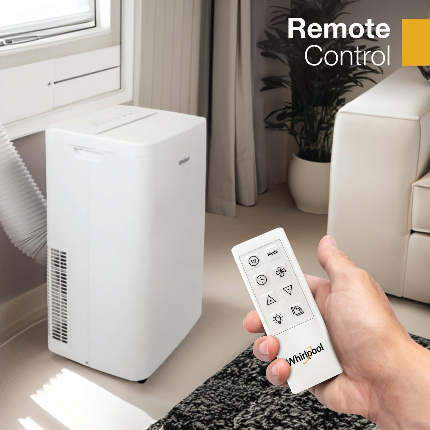 Whirlpool 14,000 BTU Portable Air Conditioner with Heater and Dehumidifier for Living Room, Apartment, or Bedroom, 115V, Portable AC for Rooms up to 700 Square Feet with Remote, 3 Speeds, Timer, White