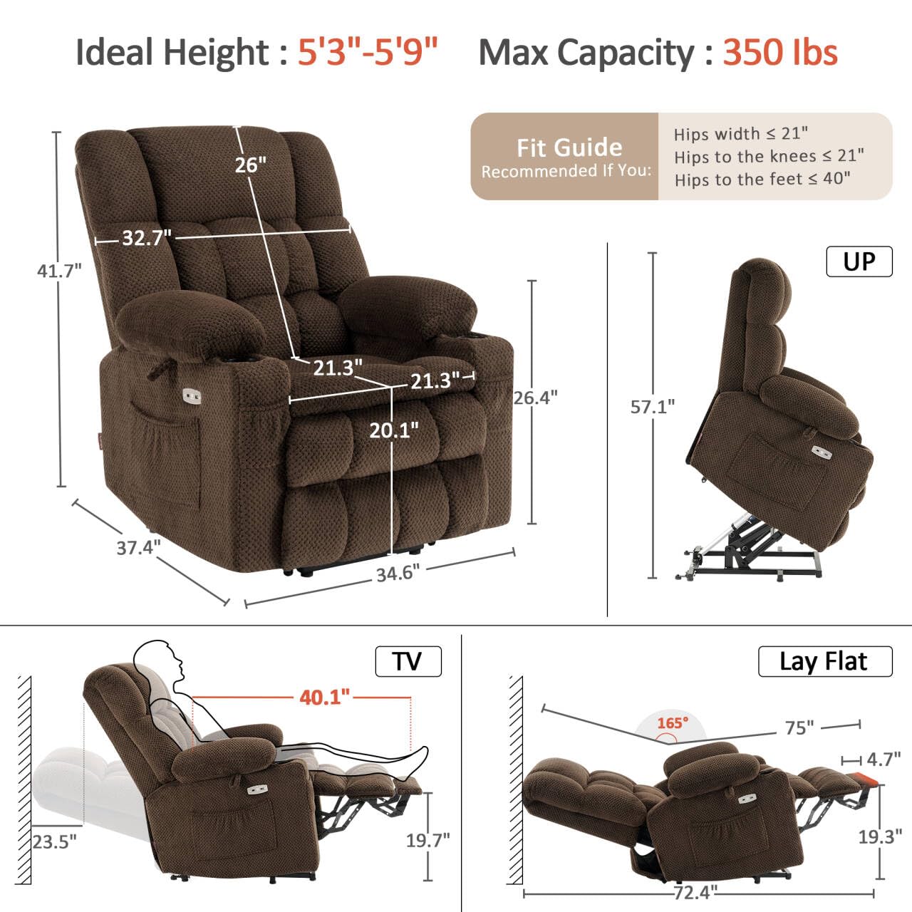 MCombo Dual Motor Power Lift Recliner Chair with Massage and Heat for Elderly People, Infinite Position, USB Ports, Cup Holders, Fabric 7890 (Medium, Mocha)