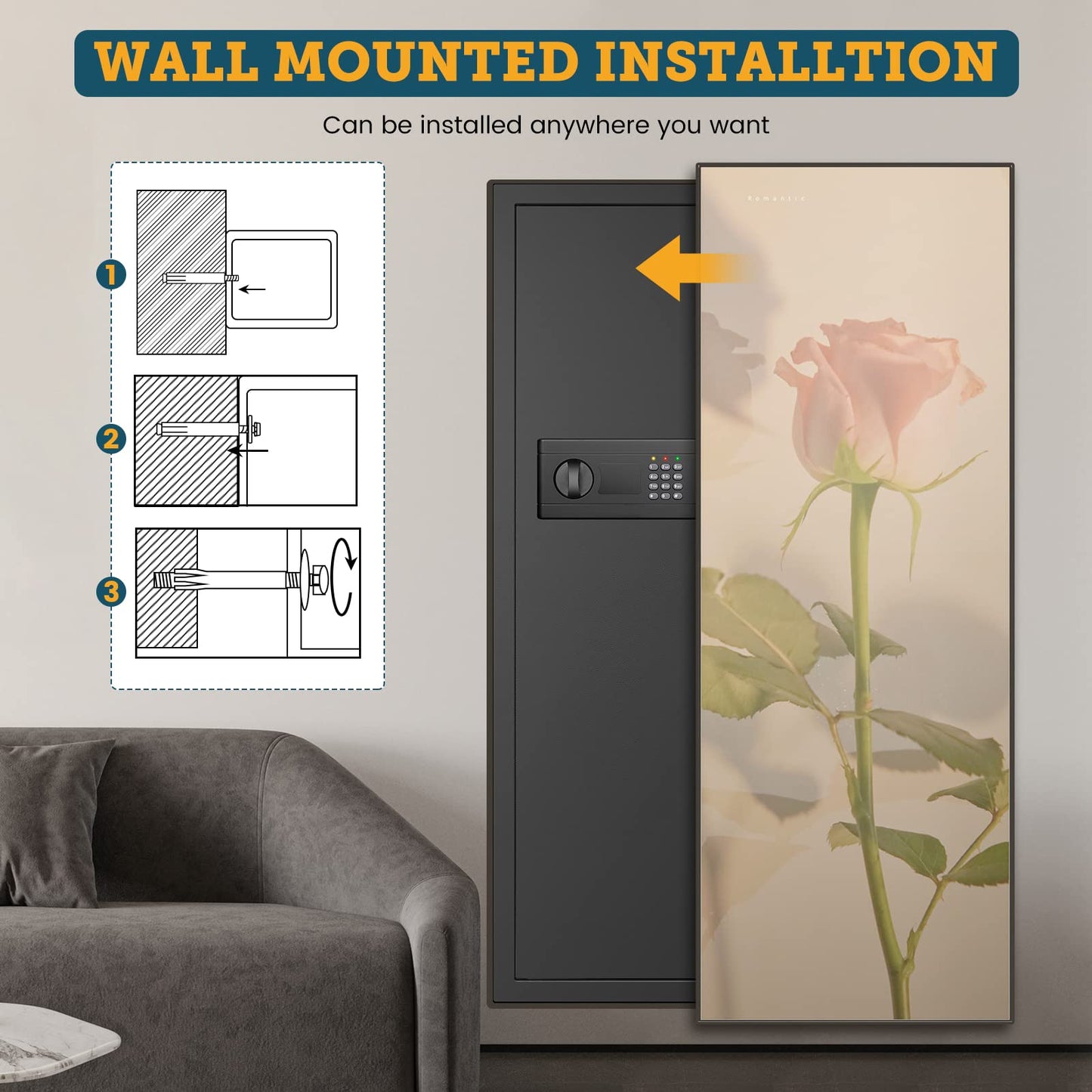 GHJGAGE 43.3'' Tall Fireproof Wall Safe Between Stud, Heavy Duty Flush In Wall Safe With Digital Keypad & Removable Shelf, Hidden Gun Safe, Security Home Wall Safes For Storage Firearms Money Medicine
