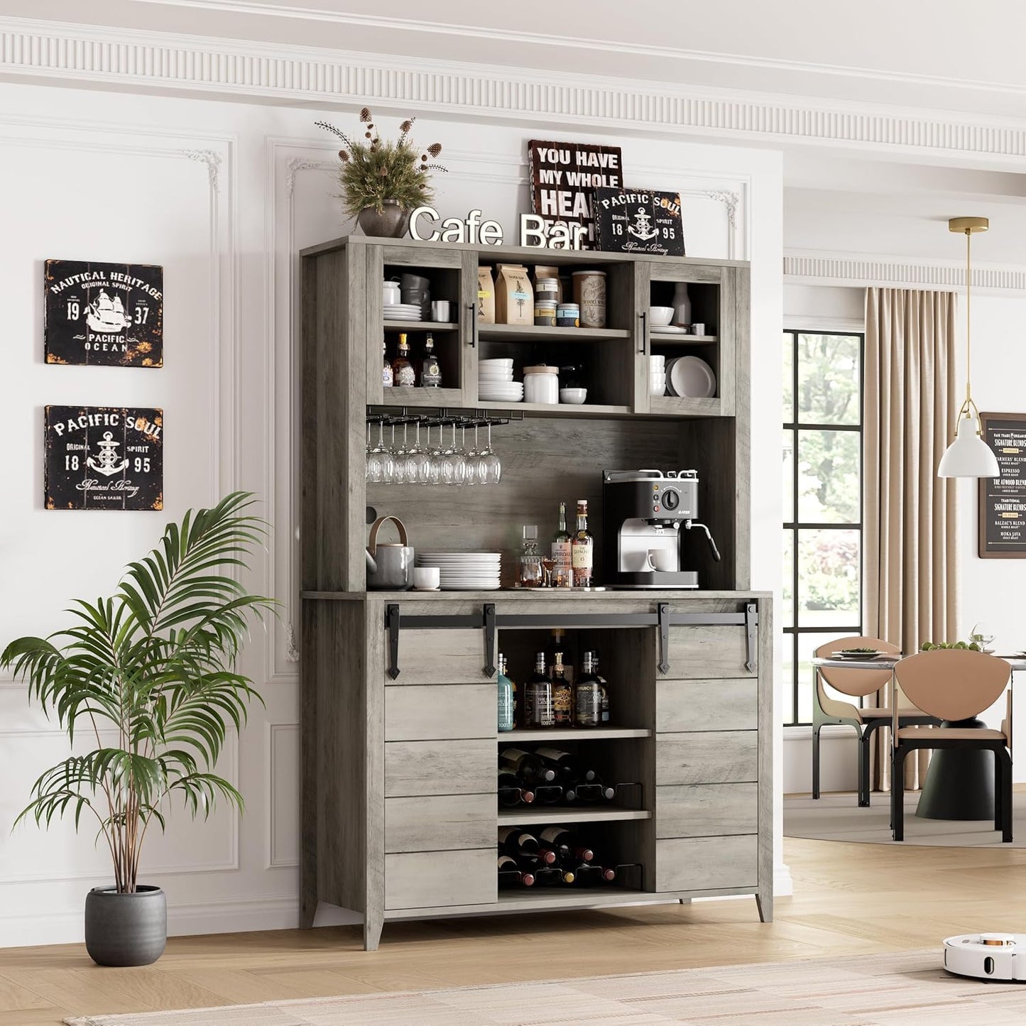 IDEALHOUSE 70'' Wine Coffee Bar Cabinet with Storage Hutch, Tall Kitchen Pantry Liquor Cabinet with Sliding Barn Doors, Bottle Glasses Rack, Farmhouse Buffet for Home Dining Room, Gray Oak