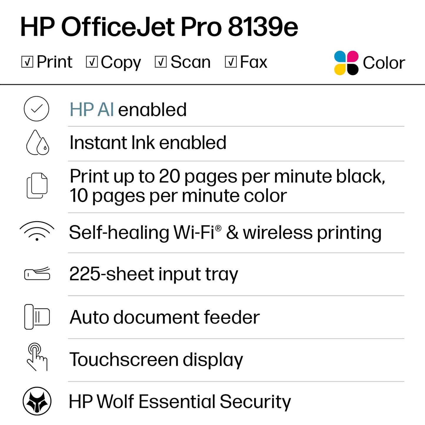 HP OfficeJet Pro 8139e Wireless All-in-One Color Inkjet Printer, Print, scan, Copy, fax, ADF, Duplex Printing Best-for-Home Office, 1 Year Instant Ink Trial Included, AI-Enabled (40Q51A)