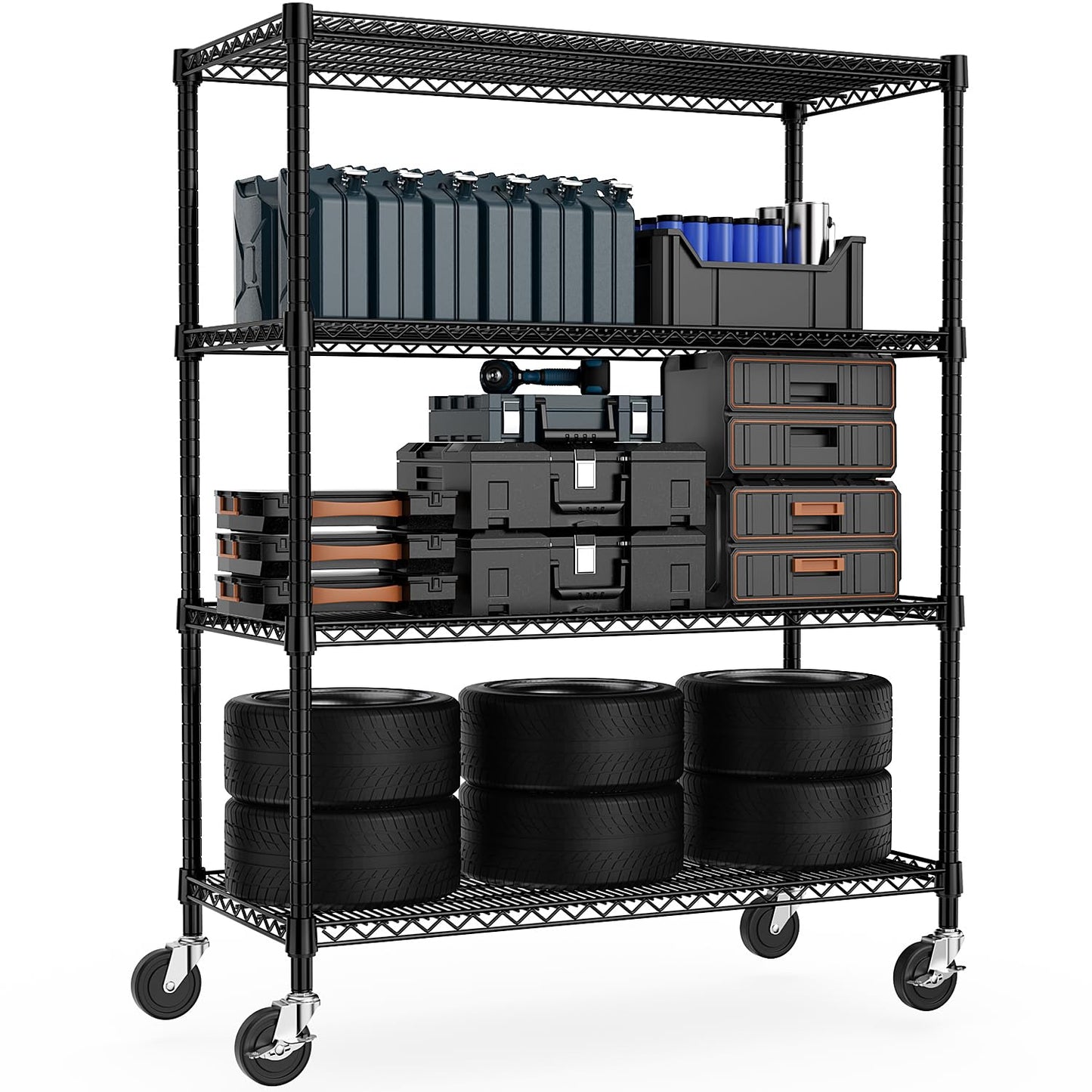 M MZG 53" W Storage Shelves 1760LBS 4 Tier Metal Shelving Unit with Wheels Heavy Duty Garage Shelving Adjustable Wire Shelves for Pantry,Kitchen,Garage,Basement,Black 23.6" D x 53.2" W x 73.6" H