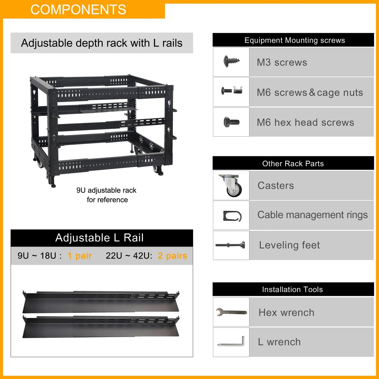 RIVECO 42U 19” Adjustable Depth Server Rack Support Up to 1700LBS Floor Standing 4 Post Rack with L Rails & Load-Bearing Casters Universal for Network Equipment Black