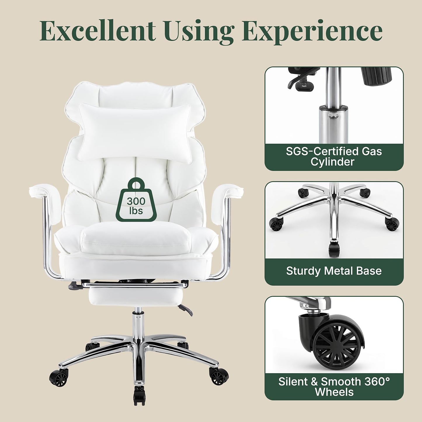 HAPPYMONT Executive Ergonomic Office Chair, PU Leather High Back Reclining Office Chair with Footrest and Lumbar Support, Height Adjustable Rolling Swivel Computer Chair for Home Office,White