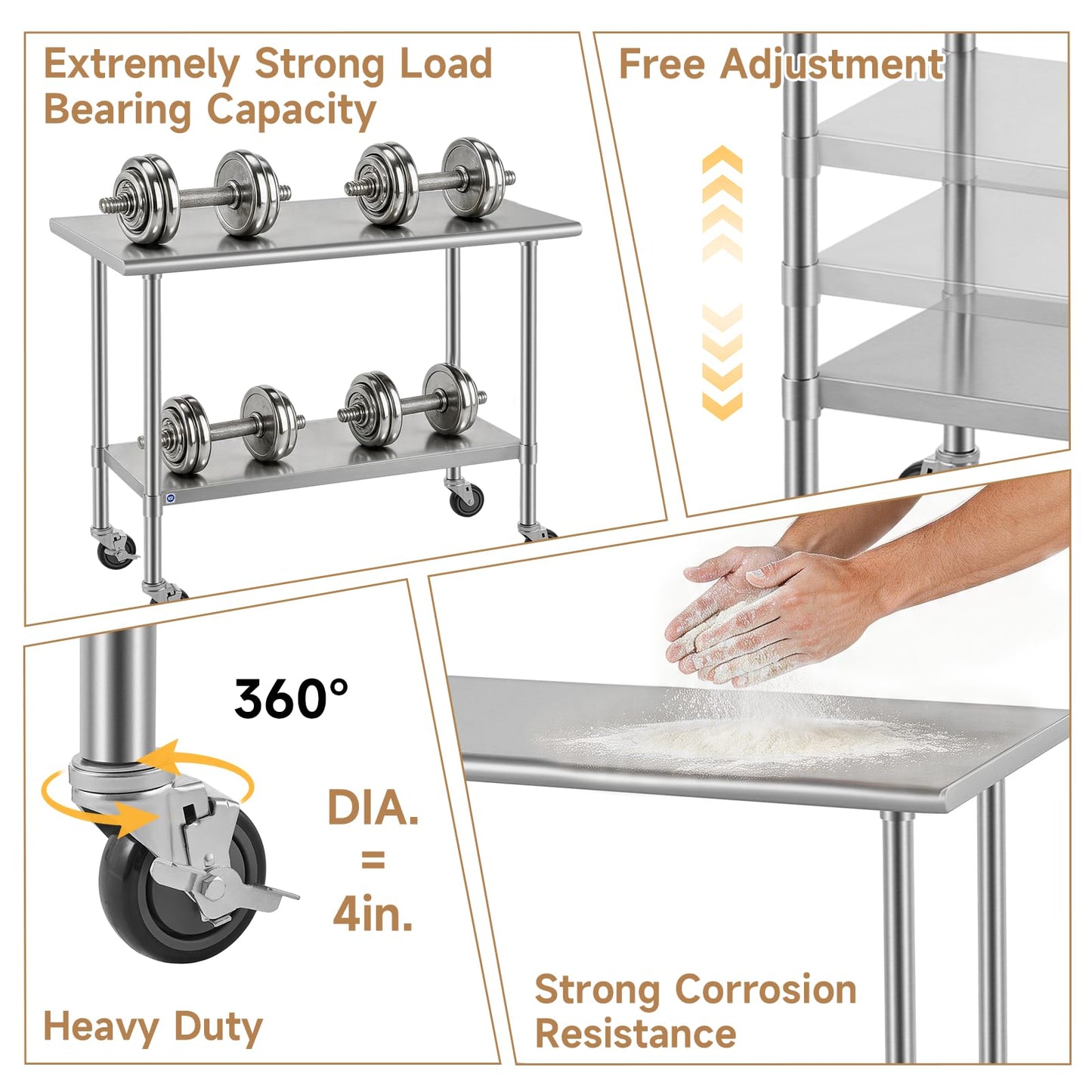 ROCKPOINT All Stainless Steel Prep Table with Caster 24x72 Inch, Commercial Heavy Duty Workbench with Stainless Legs & Adjustable Undershelf, 890 lb Capacity for Outdoor Kitchens with Wheel