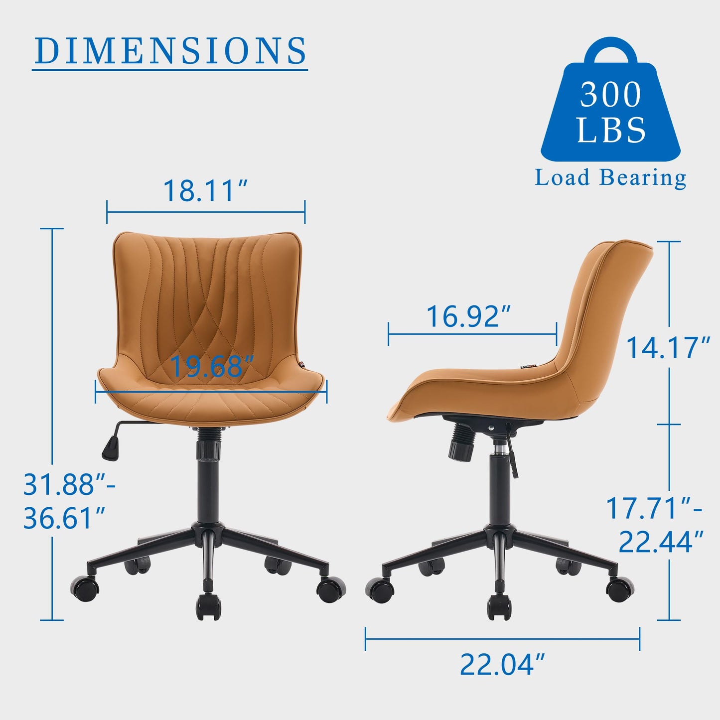 YOUNIKE Office Chair, Armless Desk Chair with Wheels, Adjustable Swivel Home Office Computer Task Chairs, Modern Faux Leather Upholstered Vanity Chair with Back, Saffron Tan