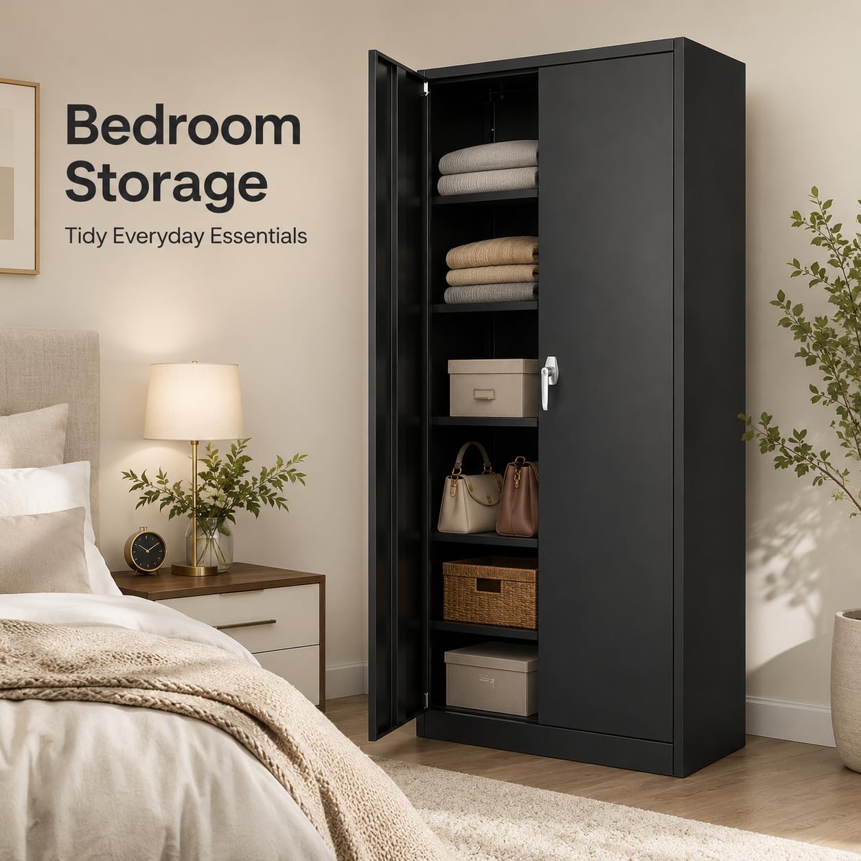 PeakPursuit 71 Inch Metal Storage Cabinet, Locking Steel Cabinet with 4 Adjustable Shelves & Leveling Feet, Heavy Duty Garage Storage Cabinet for Pantry, Office, Home, Laundry Room, Black