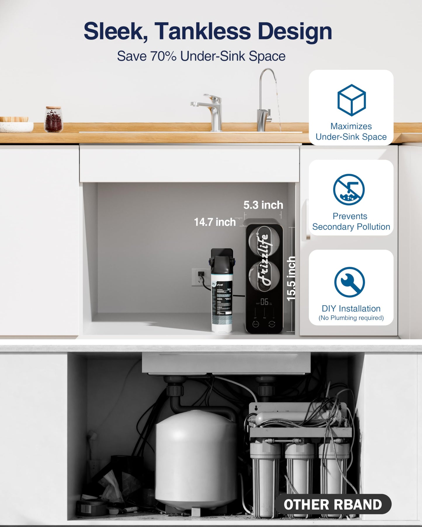 Frizzlife Reverse Osmosis Water Filter - Alkaline Mineral pH+, NSF/ASNI 58&53&42&372 Standard, 600GPD Tankless RO Reverse Osmosis System, Under Sink, 2:1 Pure to Drain, Smart LED Faucet, PD600-N