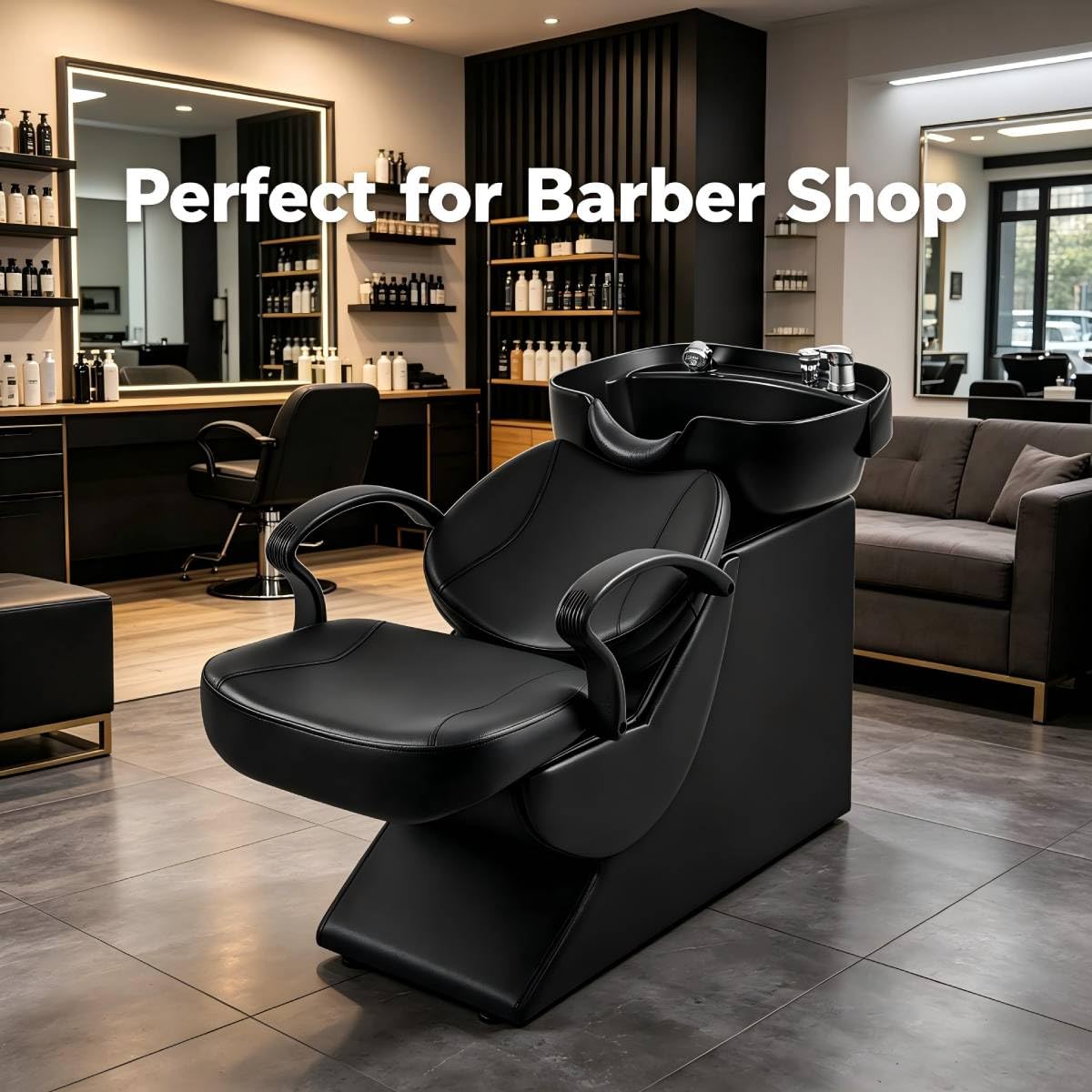 Secsofier Salon Shampoo Bowl Sink Station with Reclining Backwash Chair, ABS Plastic, Black, Spa Equipment