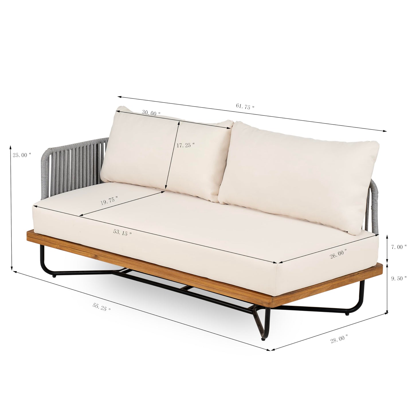 Merax 4 Piece Rope Woven Paito Conversation Set, All-Weather Acacia Wood 4-Seater Sectional Sofa,1 Armchairs with Sturdy Metal Base and Cushions,1 Coffee Table for Porch, Lawn, Backyard, Beige+Gray