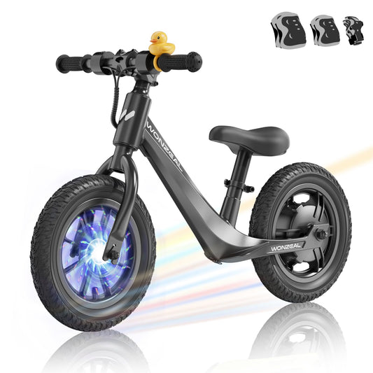 wonzeal Electric Balance Bike for Kids Ages 3-5,150W Toddler Balance Bikes with 12 inch Pneumatic Tire, Adjustable Seat, Knee/Wrist/Elbow/pad,Boy Girls Birthday Toys.