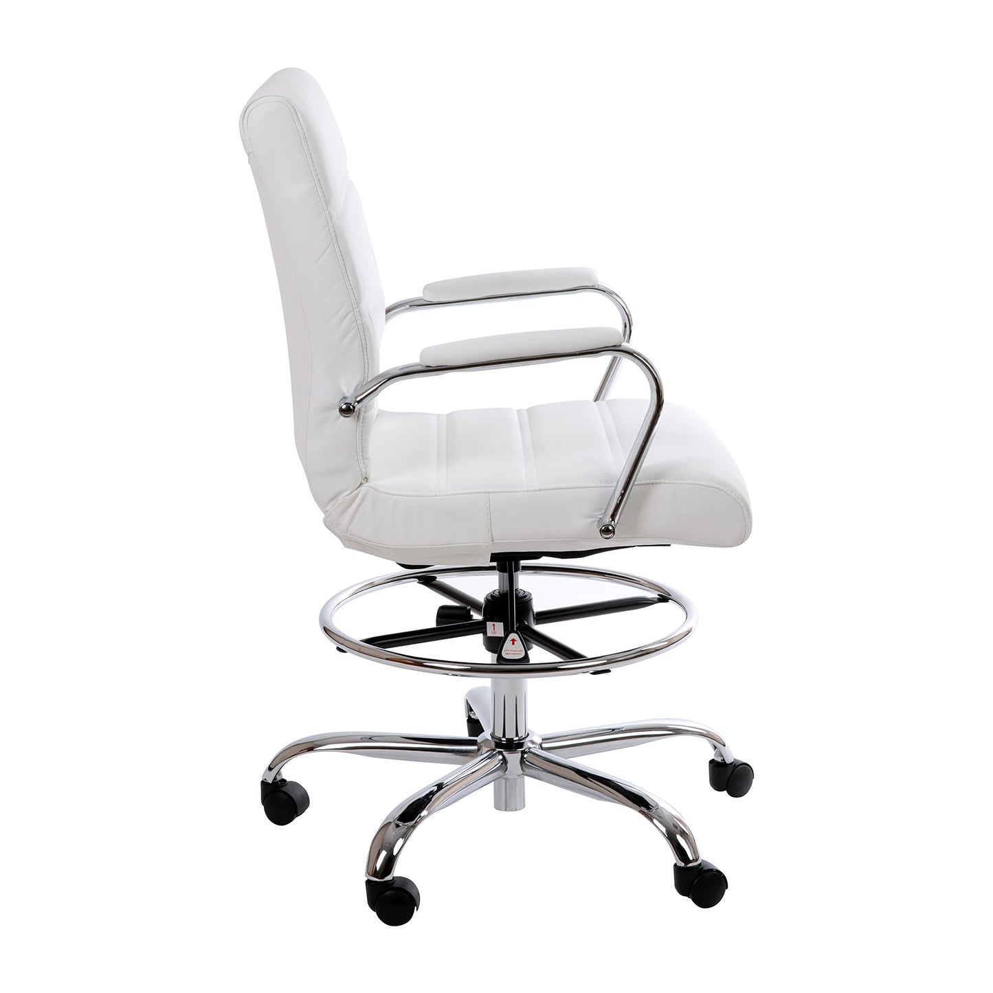 Flash Furniture Whitney Mid-Back Swivel LeatherSoft Drafting Chair with Padded Seat, Armrests, and Foot Ring, Adjustable Office Chair, White/Chrome