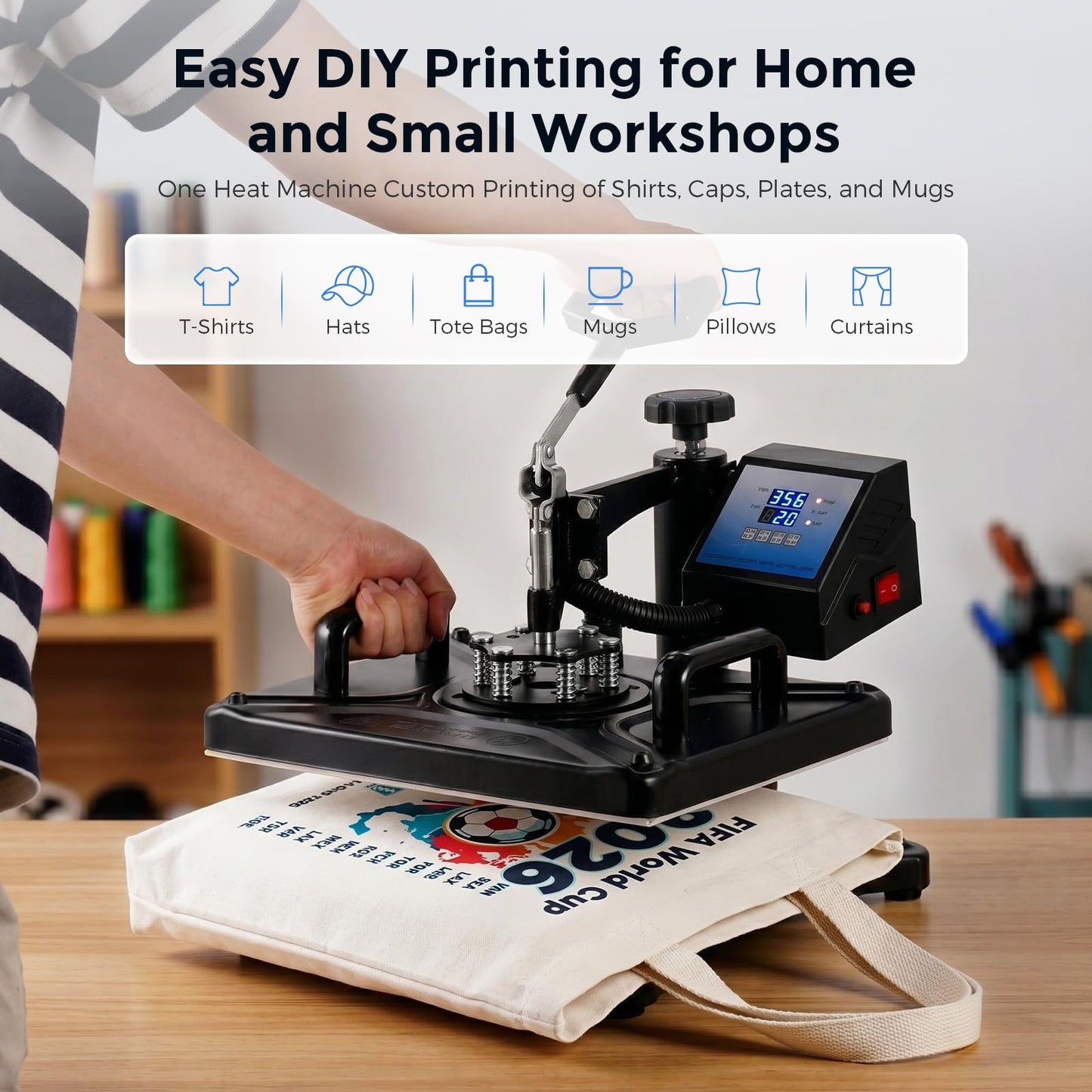 Cloudray 8 in 1 Heat Press Machine, All in One for Sport Events, World Cup Fan Shirts, T-Shirts, Tote Bags, Hats, Mugs, DIY, SchoolWorking Area 12"x15", Black