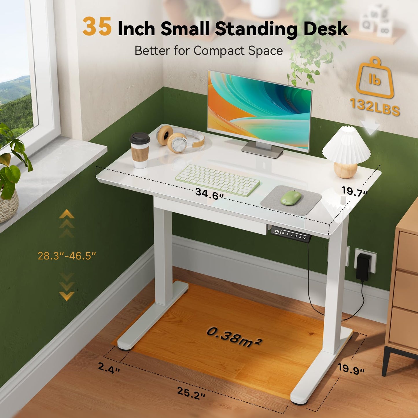 Gibbon Mounts Glass Standing Desk with Drawer, 35×20Inch Whole Piece Height Adjustable Rising Desk, Electric Sit Stand Desk with Wheels, Small Computer Desk, White