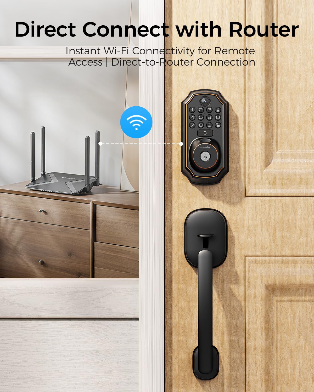 ARPHA Keyless Entry Deadbolt with Handle Set - WiFi Smart Lock with Camera, 5-in-1 Camera+Doorbell+Fingerprint+Keypad, App Control, Auto Lock, Easy Install, Waterproof for Front Door（Black）