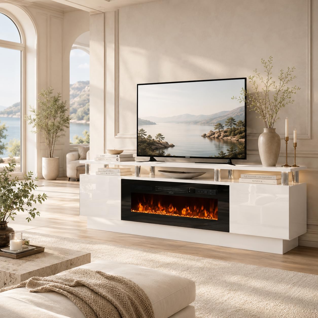 OneBlis 70" TV Stand & Entertainment Center, Media Console with Storage Shelves, Fits TVs up to 80", Modern Living Room Furniture, 36" Electric Fireplace (White+Black)