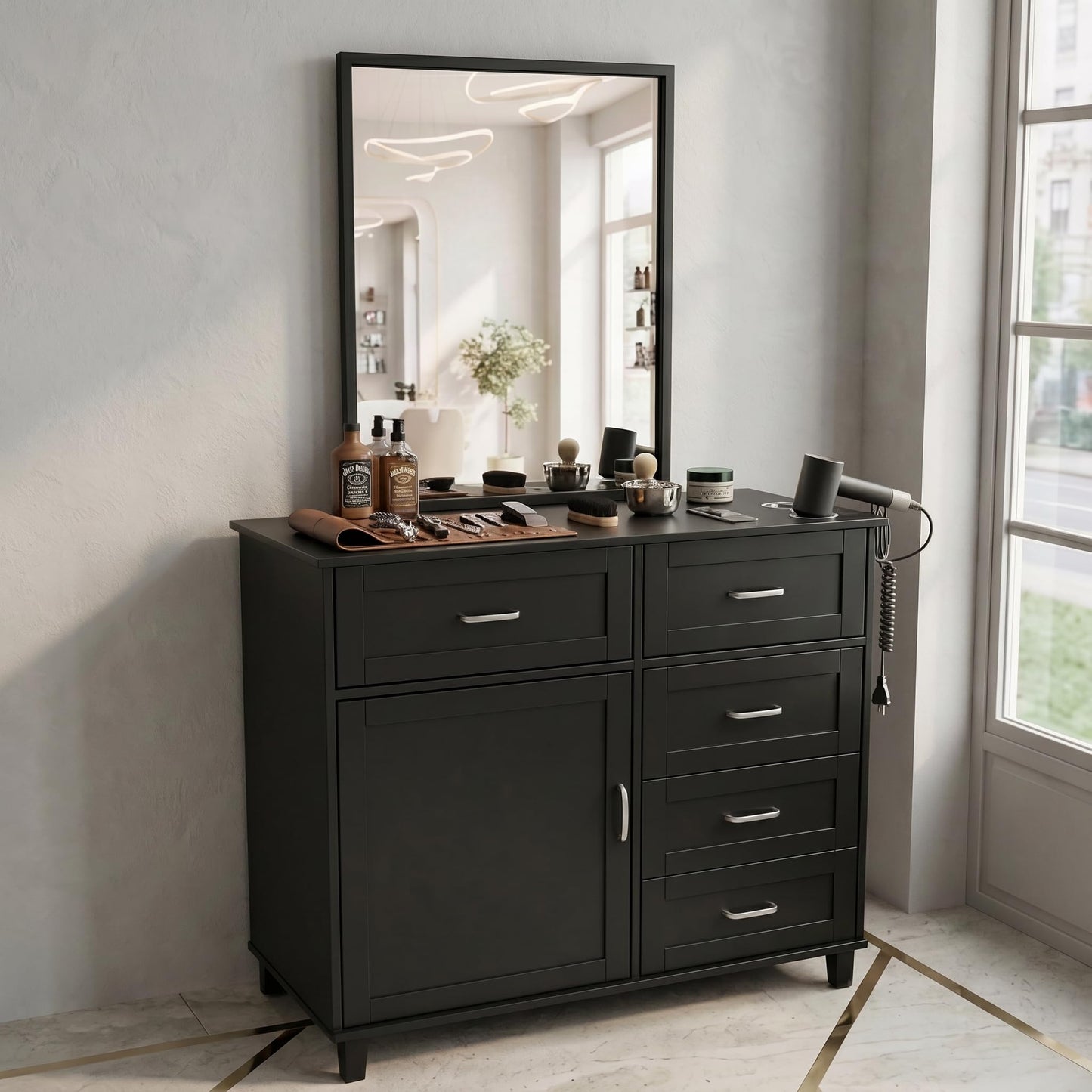 Merax Barber Salon Station with Mirror, Metal Frame Workstation for Salons, Barber Storage Cabinet with Drawers, Desktop Storage Holes, Freestanding Beauty Station for Hair Salon, Black