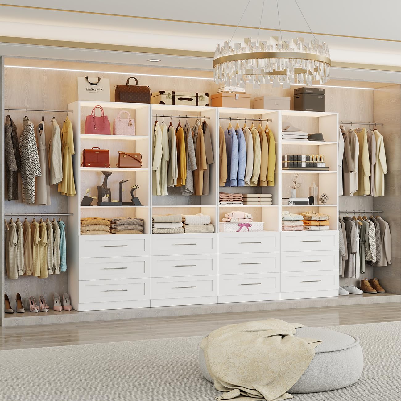 Secilix Closet System with 12 Drawers, 96" Wood Closet Organizer System, Walk-in Closet or Small Closet System with Shelves, Modular Closet Systems with 6 Expandable Hanging Rods, 4 Sets, White (8FT)
