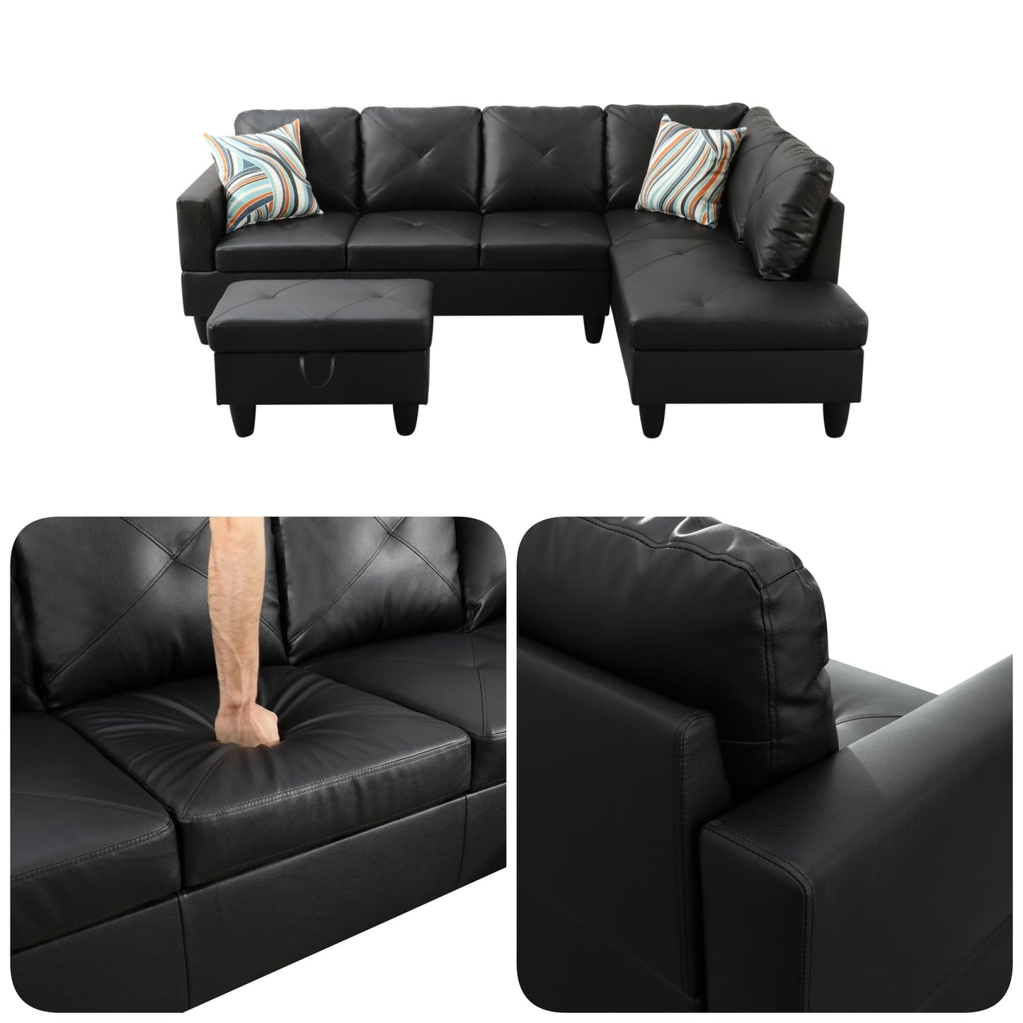 Topcomfy 97.5" L Shaped Couch Set, Modular Sectional Couches for Living Room with Storage Ottoman, 4 Seat Home Sofa Living Room Furniture Sets with Chaise for Apartment Office (Faux Leather, Black)