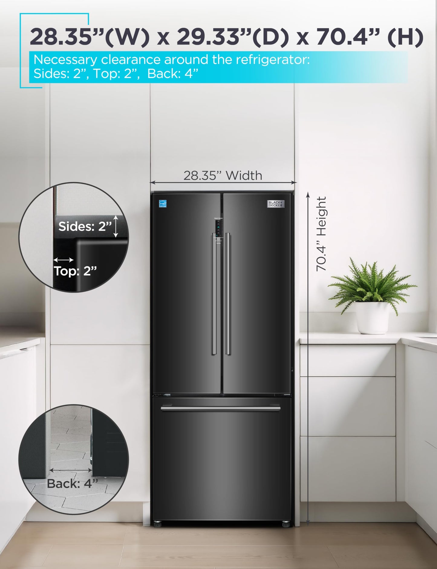BLACK+DECKER 16 Cu. Ft. French Door Refrigerator with Built-in Ice Maker, Full Size Refrigerator with Bottom Mount Freezer Drawer, Frost Free, ENERGY STAR certified, BRF1600GIMB, Black