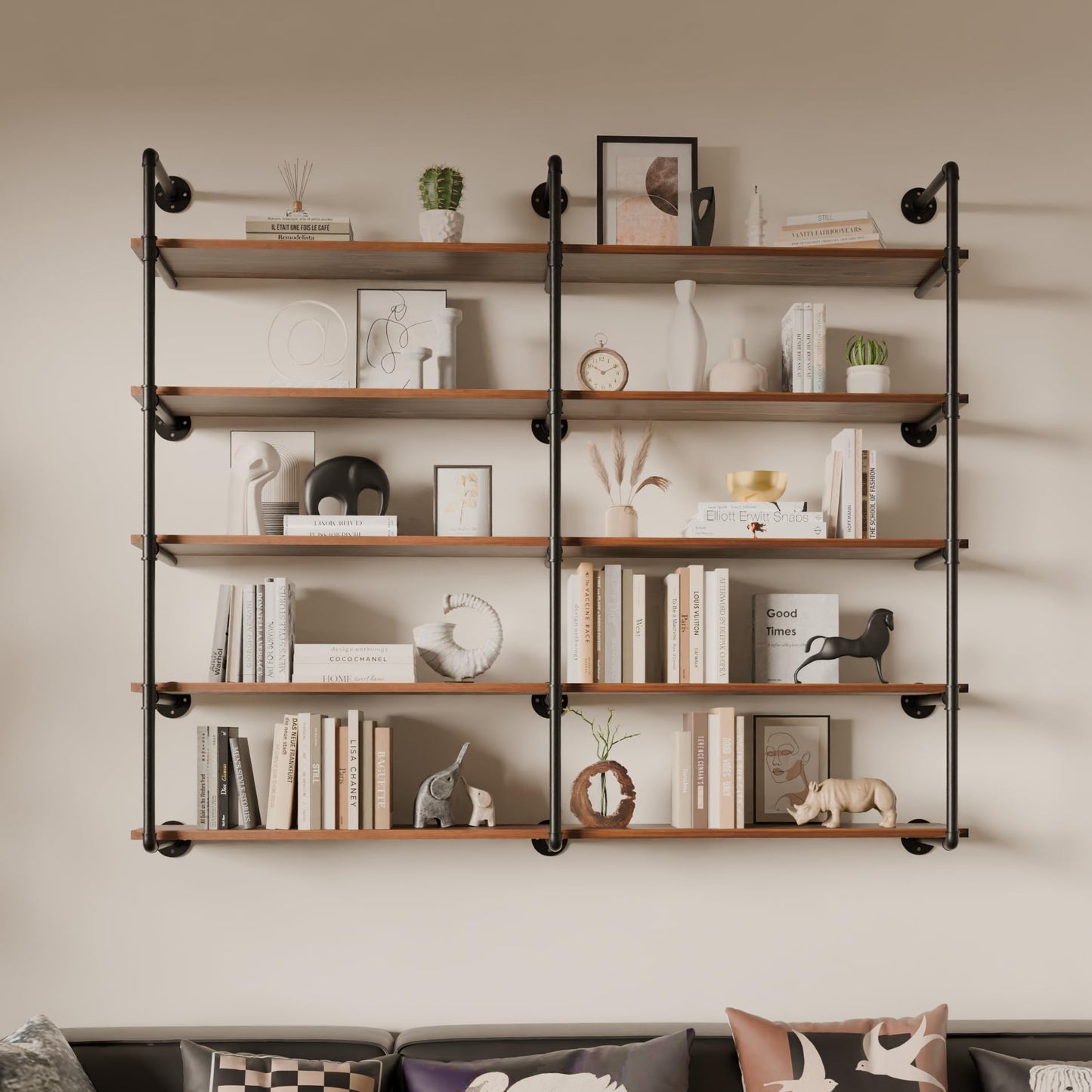 ONOTETUT Industrial Iron Pipe Shelf 5 Tier,72 inch Pipe Shelving with Solid Wood Plank,Open Book Shelves Storage,Floating Wall Mount Bookcases for Living Room,Office,Kitchen