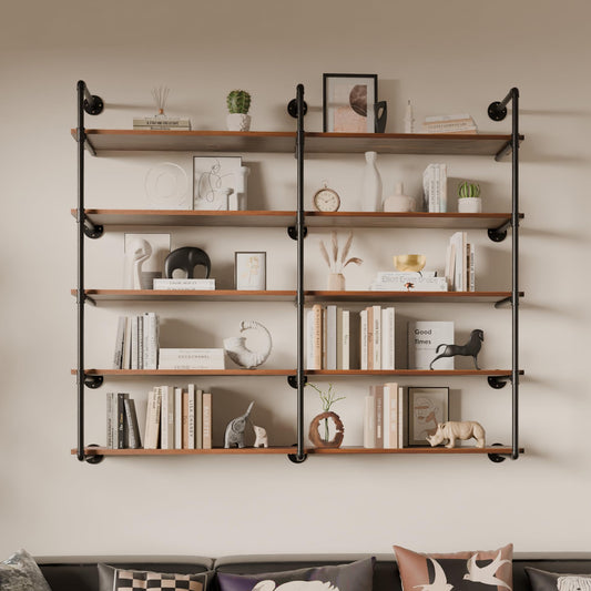 ONOTETUT Industrial Iron Pipe Shelf 5 Tier,72 inch Pipe Shelving with Solid Wood Plank,Open Book Shelves Storage,Floating Wall Mount Bookcases for Living Room,Office,Kitchen