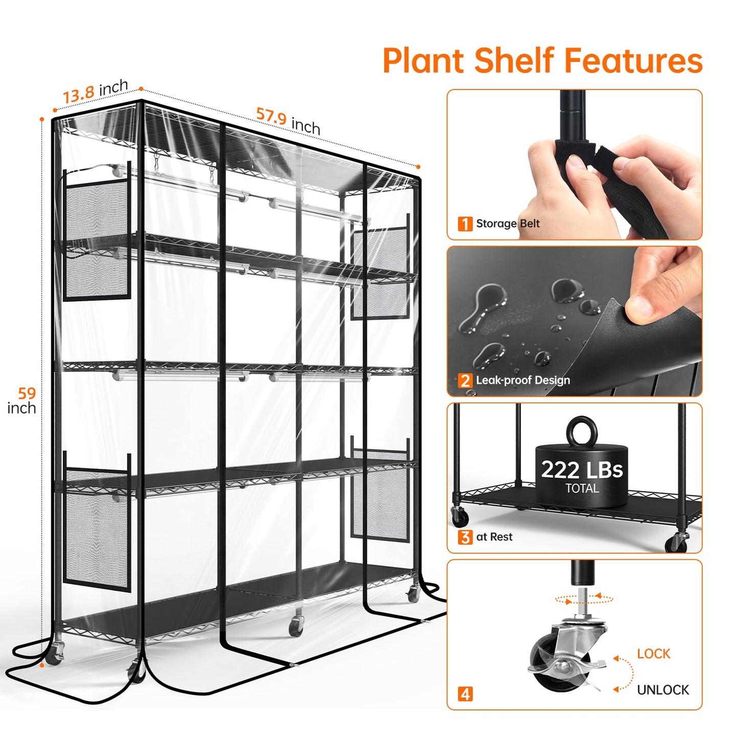 Bstrip Indoor Greenhouse with Grow Light, Large Plant Shelf with 8 Pack T8 Full Spectrum Plant Lights and Cover, mini Greenhouse for Indoor Plant, Seed Starting (58" L x 13.8" W x 59" H)