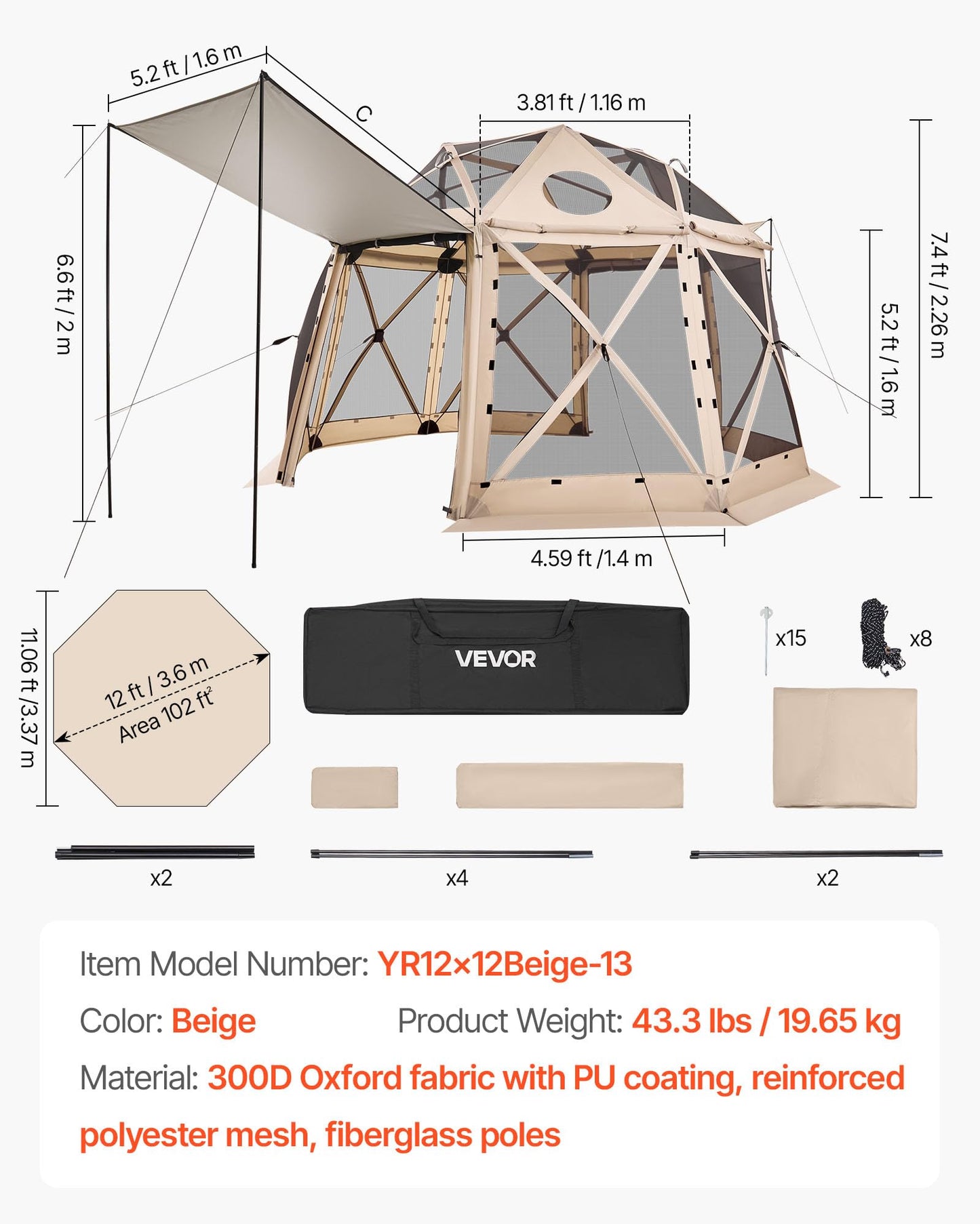 VEVOR Pop Up Gazebo Screen Tent, 12 x 12 ft Large High 13-Sided Camping Canopy Tent with Removable Top & Carry Bag, Quick Set & Bite-Proof Mesh Screen Sun Shelter for 8-10 Persons Backyard Patio