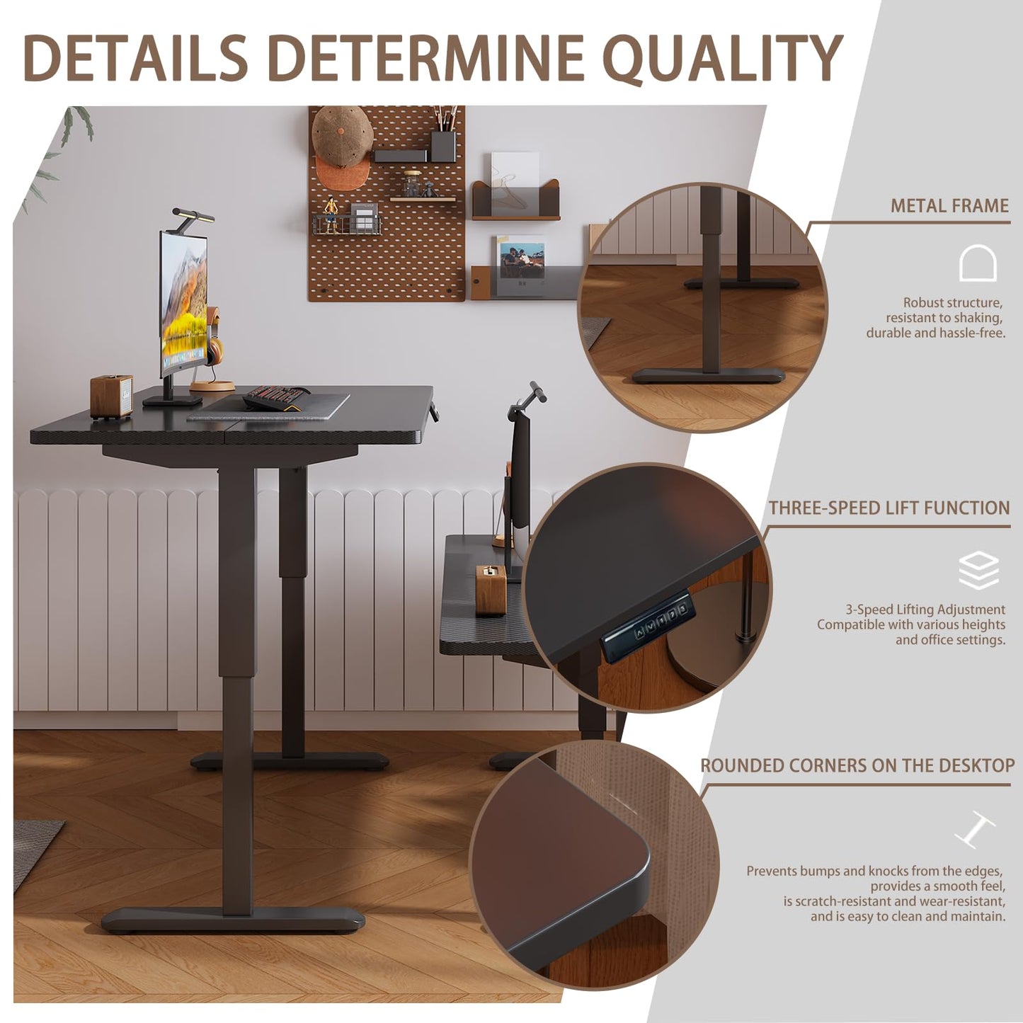 plyosdey 47.2" Electric Standing Desk, Malacca Solid Wood Material, Height Adjustable Computer Desk, 3 Memory Height Settings, Home Office Desk for Study and Gaming (Black Walnut Color, 47.2 * 23.6)