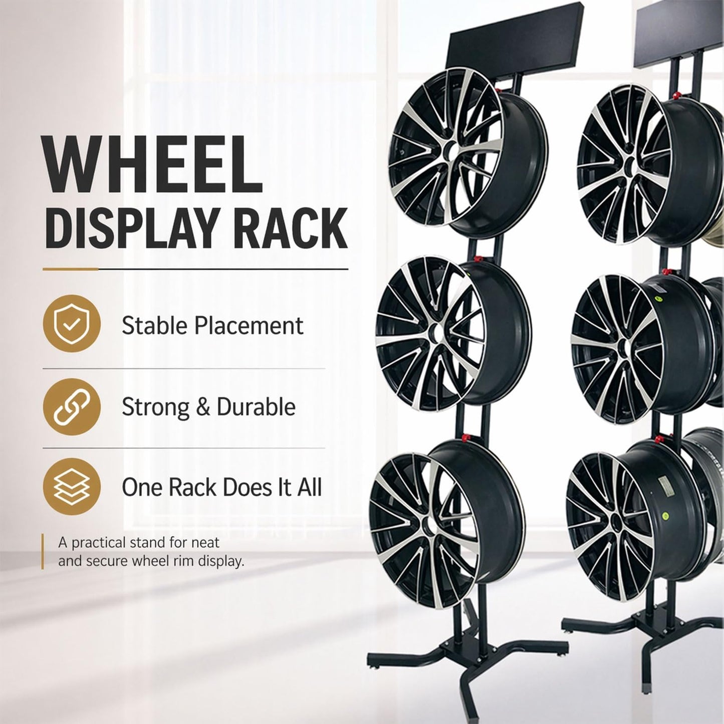 Black Metal Wheel Hanger Rack Heavy Duty Rim Display Stand Single Or Double Sided Holder with Anti Scratch Plastic Coated Hooks Thickened Iron Base for Tire Store Auto(Circular Base,6 Hooks)