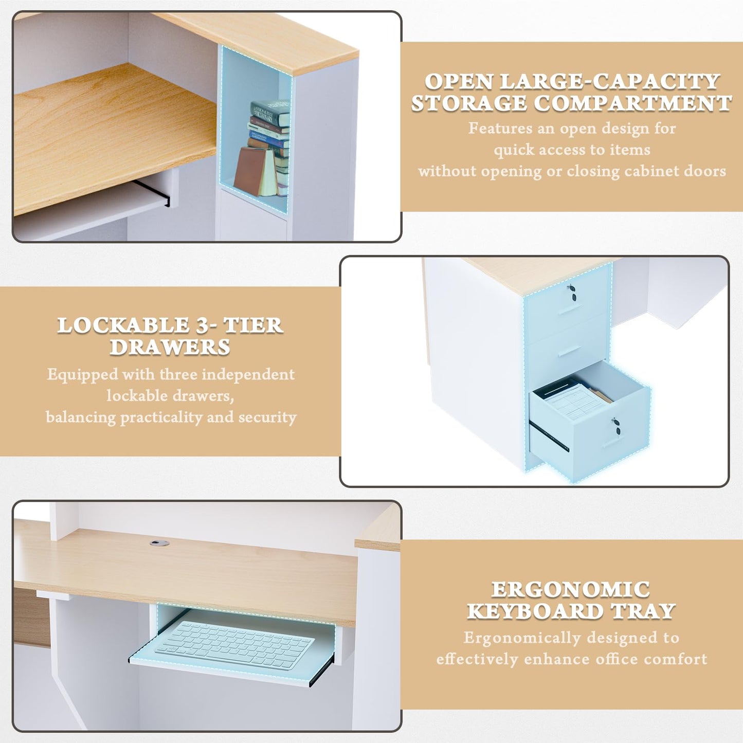 kaiwrxin L-Shaped Modern Reception Desk with Counter & Storage - 71" Large Office Front Desk, Salon Checkout Counter with Lockable Cabinets, Shelves (Oak & White, Right - 71''L x 34''W x 41''H)