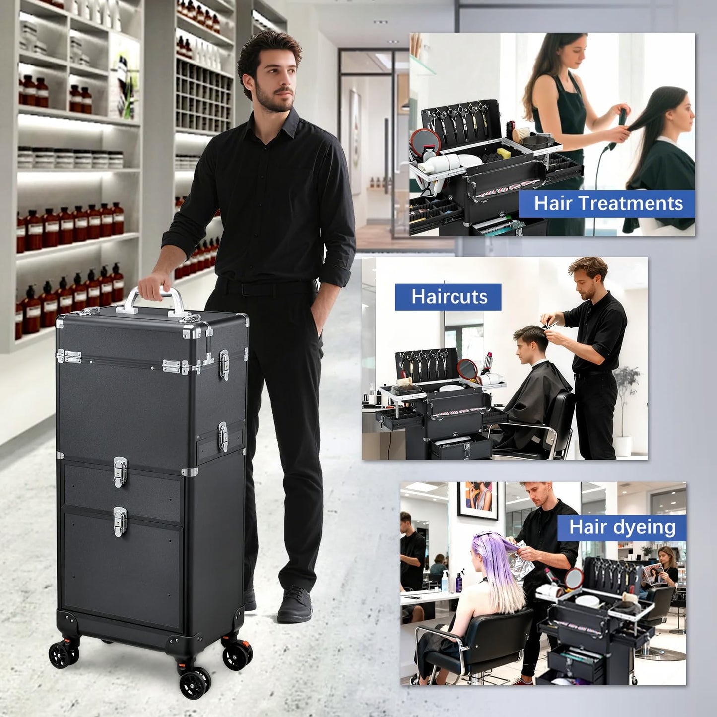 Yueieoun Salon Cart with 4 Drawers, Hair Stylist Cart with Wheels Portable Salon Station with Worktop Tray, Rolling Makeup Train Case Cosmetology Case for Barbering or Hairstyling Service