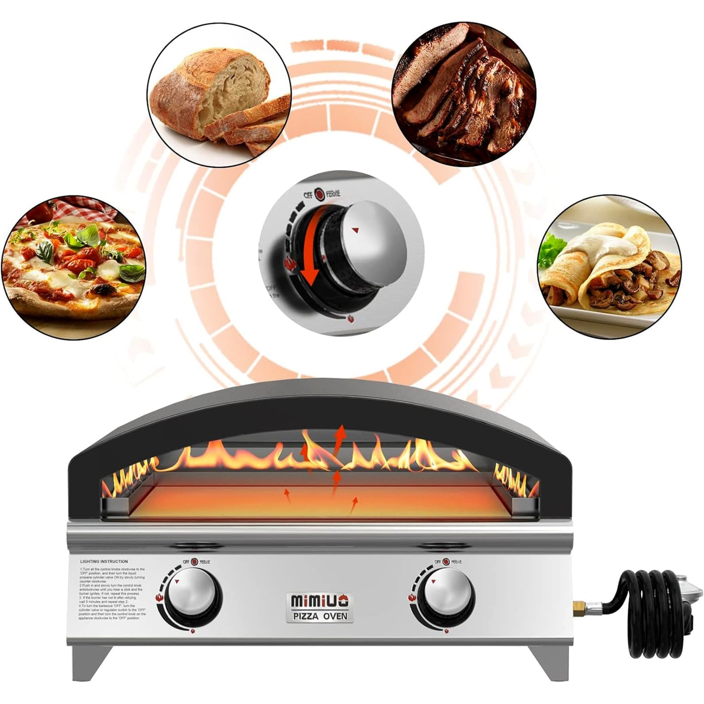 Mimiuo 25 Inch Outdoor Gas Pizza Oven, Portable Propane Pizza Oven with Large Baking Stone - Make 2 Pizzas At Once - Multifunctional Stainless Steel Grilling Stove to Cook Steak Meat Seafood