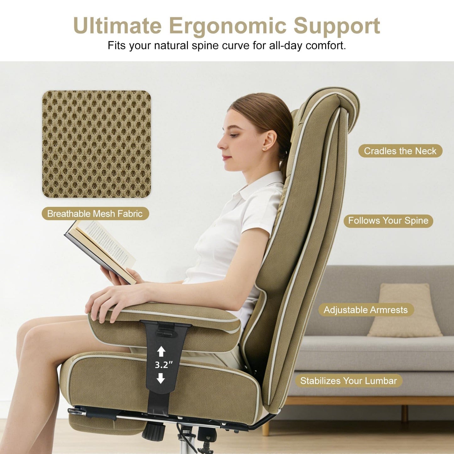 EXCEBET Big and Tall Office Chair 400lbs Wide Seat, Leather High Back Executive Office Chair with Lumbar Support, Ergonomic Chairs Padded Armrests & Thick Cushion (Mesh Green)