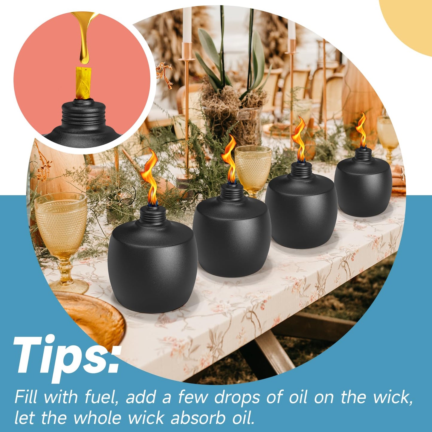 FALBAWR Citronella Tabletop Torches 2-Pack, 21.5 oz, Metal Oil Burner, Black, Model YT-ZM-2P, for Outdoor Yard Patio Garden