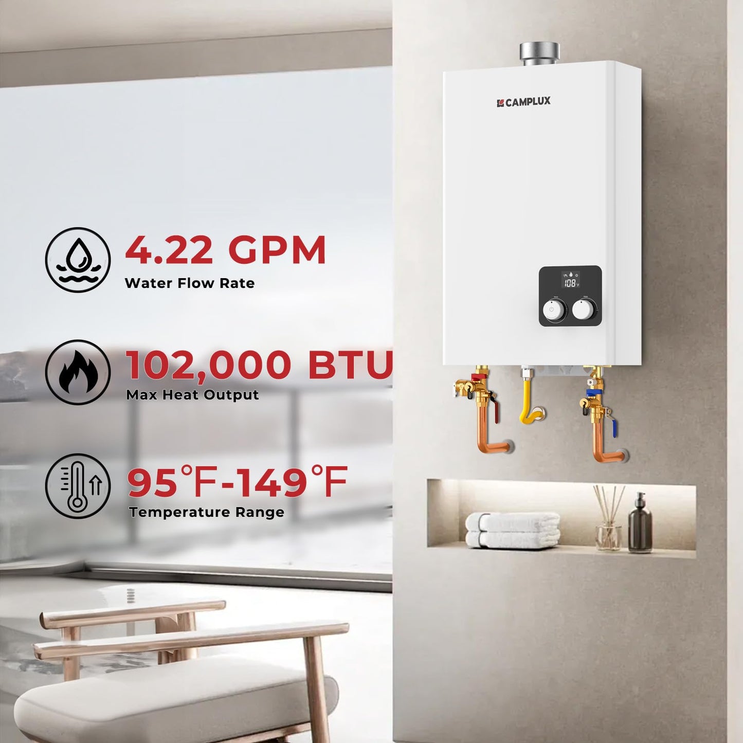 Camplux 4.22 GPM 102000 BTU Indoor Liquid Propane Tankless Water Heater, On-Demand Instant Hot Water, LED Diagnostic, 6 Safety Protections, Wall Mounted, 120V, 1/2 NPT
