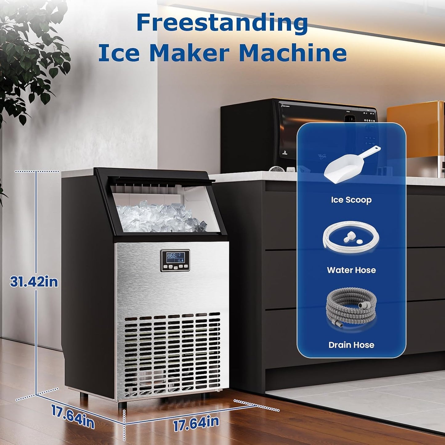 Commercial Ice Maker Machine, Ice Makers Stainless Steel Under Counter Ice Machine 120 Lbs/24H with 26.5 Pounds, 64 Ice Cubes in 12 Mins, Stainless Steel Freestanding Kitchen Ice Machines