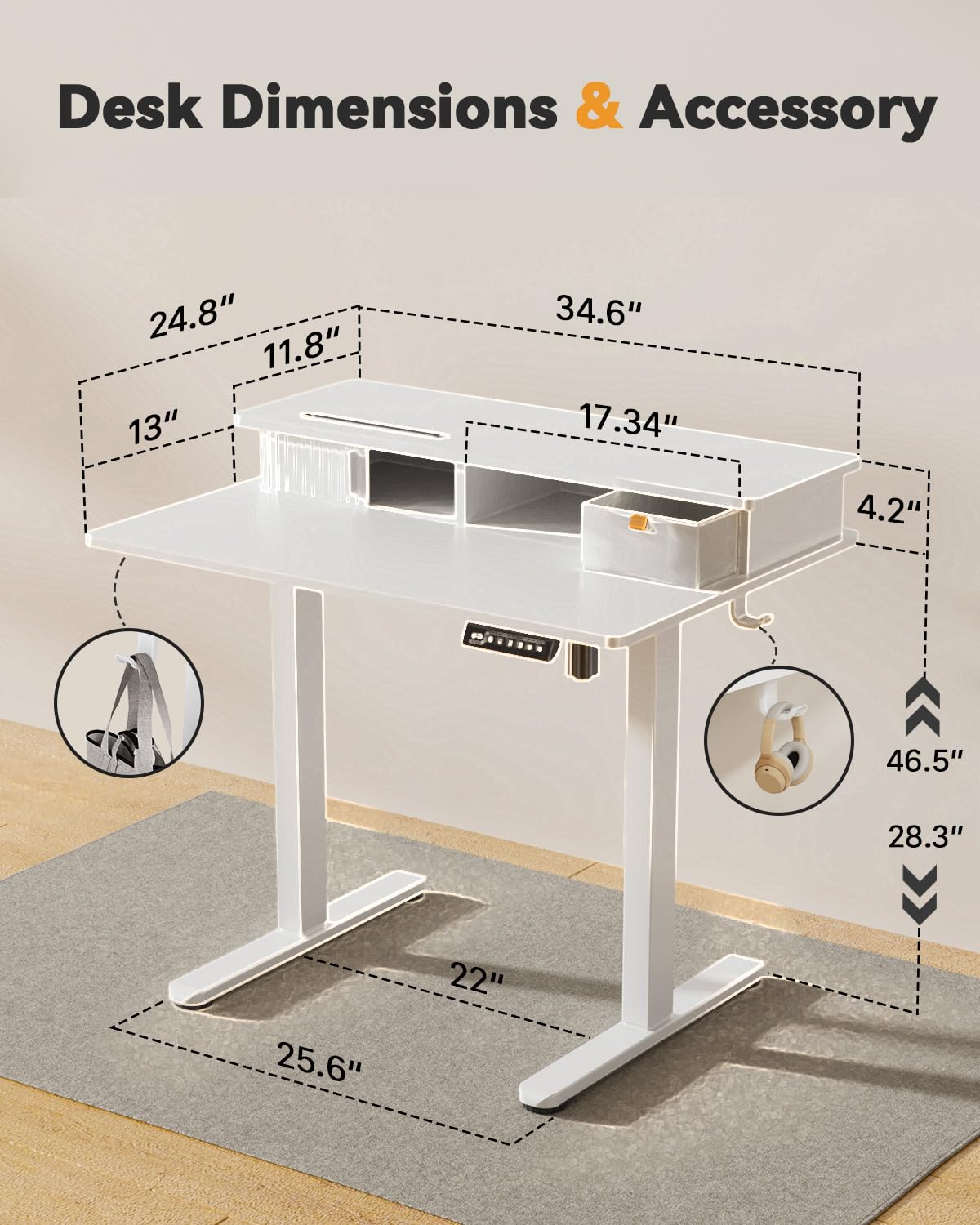 JOY worker Small Electric Standing Desk, 35" x 25" Height Adjustable Desk with Built-in Monitor Stand & Storage Drawer, White Sit Stand Table with 2 Hooks for Home Office