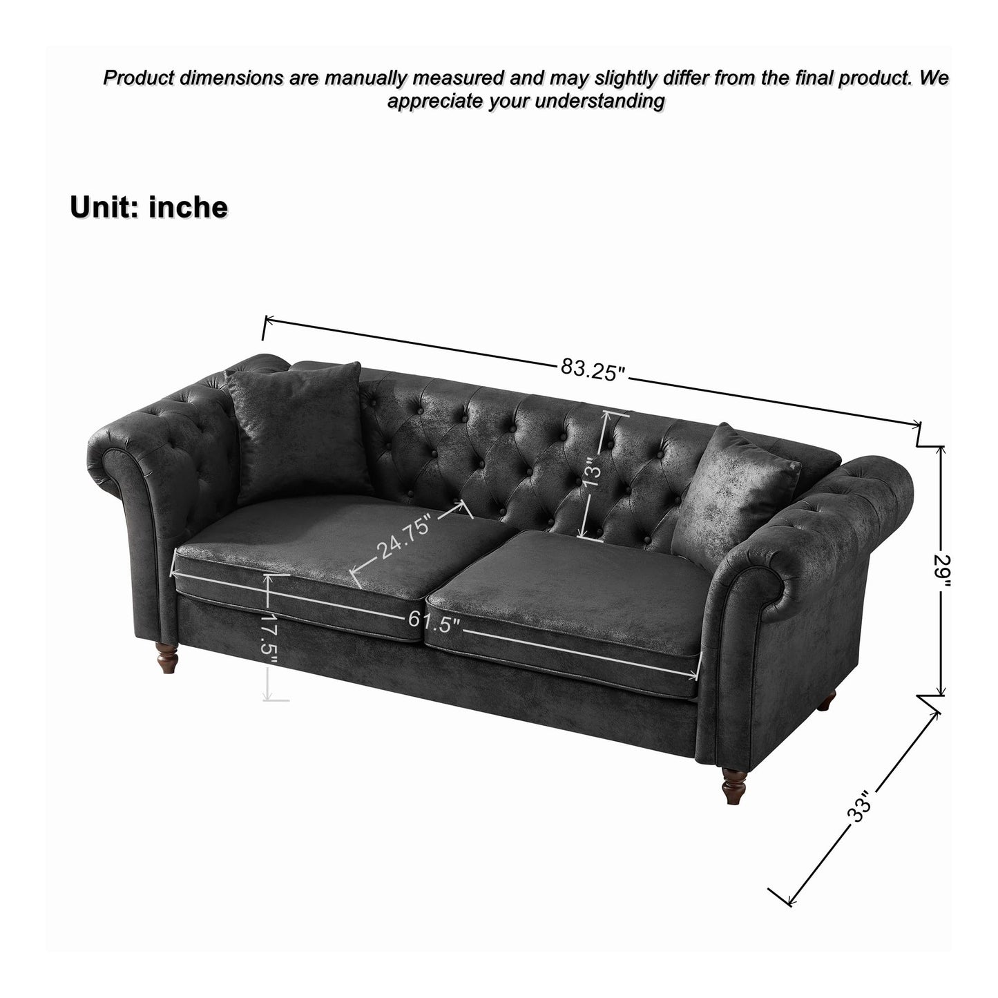 KEIKI Luxury Modular Chesterfield Leather Sofa Couch Set, Mid Century Modern Combo 5 Seater Couches w/Roll Armrest, Comfy Sleeper Cloud SofaBed for Office & Apartment Living Room, Easy Assembly, Black