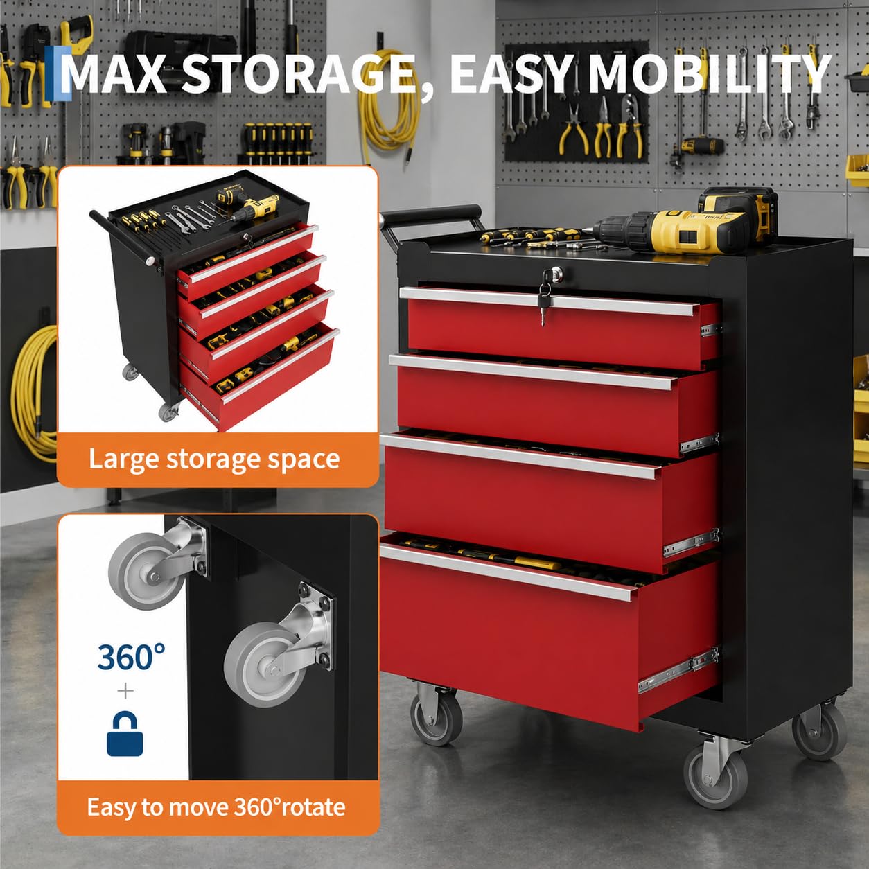 IDEALHOUSE Rolling Tool Chest, 5 Drawers Tool Storage Cabinet, Toolbox with Wheels, Portable Tool Cabinet Organizer with Locking System & Drawer Liners, Tool Storage Cart for Garage, Workshop
