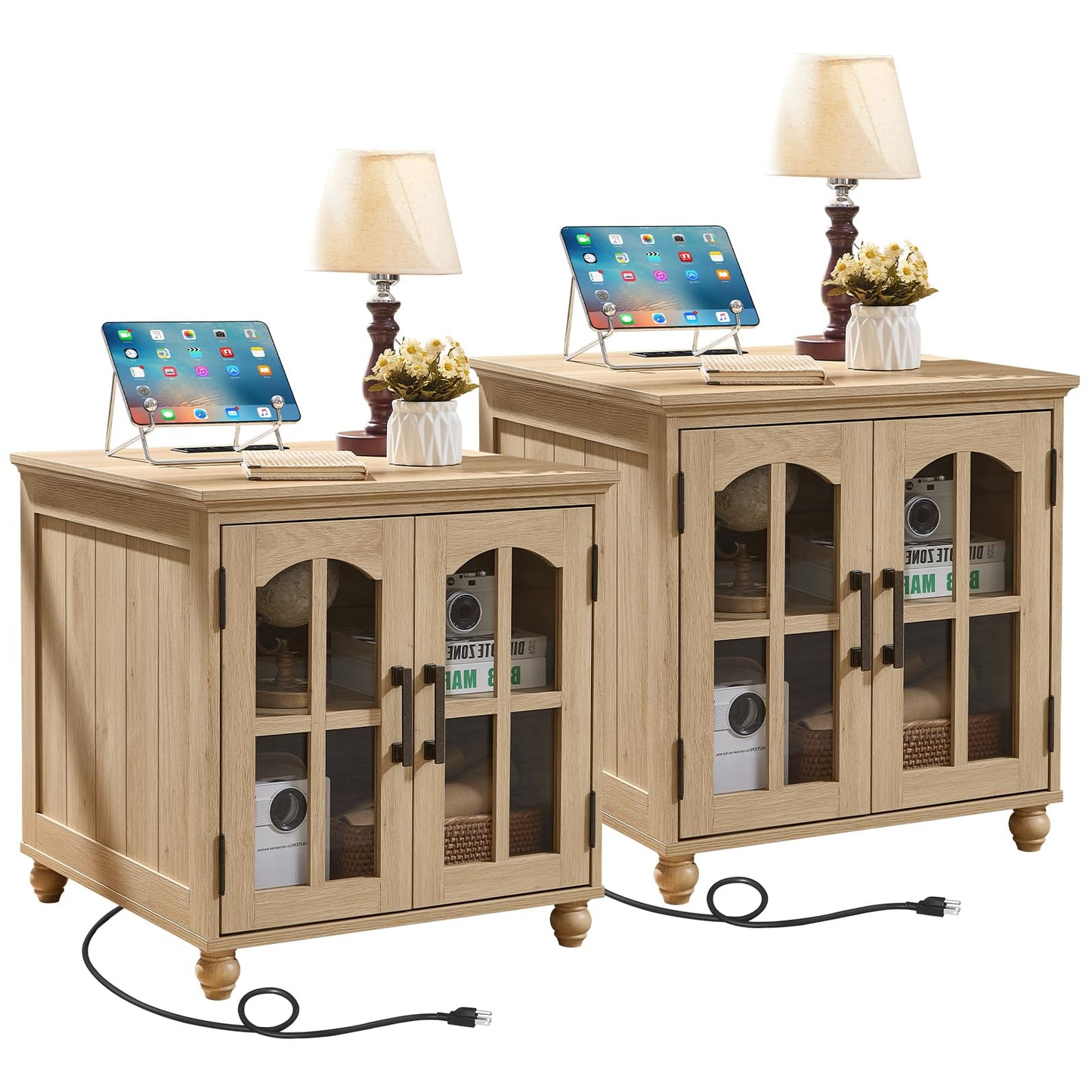 RWYHG Farmhouse 24" End Table Set of 2 with Charging Station, Large Sofa Side Table with Glass Barn Door,Wood Night Stand with Adjustable Storage Shelf,Square Bedside Table for Living Room,Bedroom