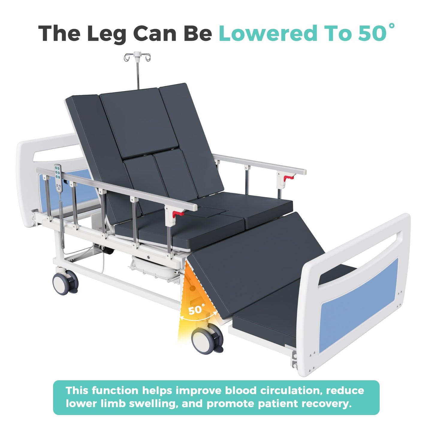 OLERN Advanced Full Electric Hospital Bed for Home Use,Adjustable Nursing Bed with Remote Control,5" Large Locking Casters,Waterproof Foam Mattress,IV Pole,Bedpan,Hair-Washing Device,550 LBS Loading